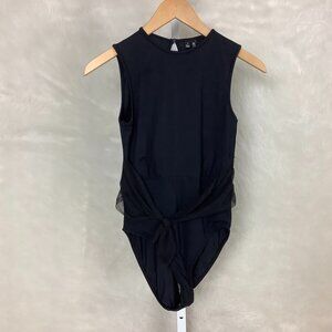 Beth Richards Black One Piece Open Back Mesh Tie Swimsuit Bodysuit NWOT S
